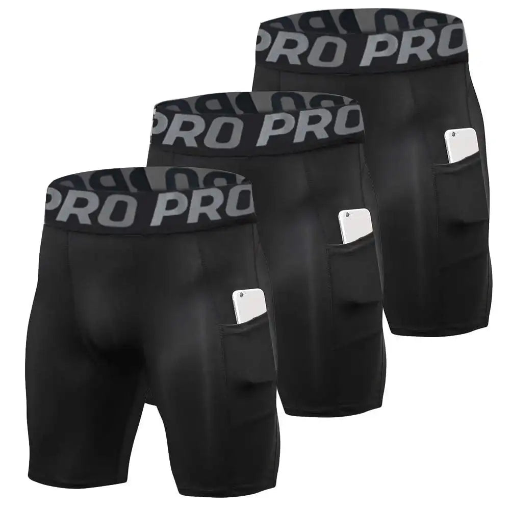 3 Pack Compression Shorts Men with Pocket, Spandex Running Shorts Sport Athletic Workout Performance Underwear