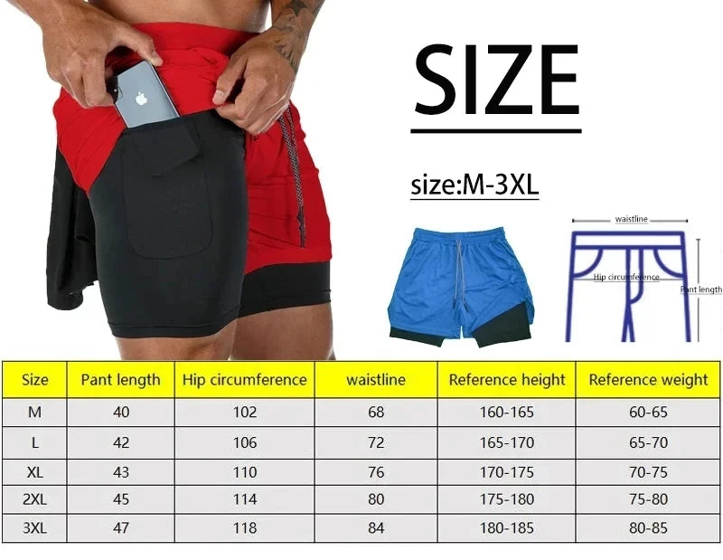 Men's Two-in-One Sports Shorts Quick-Drying Breathable and Casual Sports Clothing Double Layer For Running M-3XL