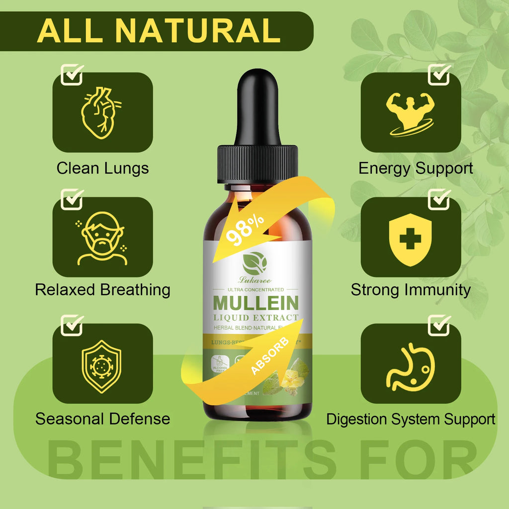 Lukaree Mullein Extract Drop 98% MAXIMIZE ABSORPTION Clean Lungs Relaxed Breathing Strong Immunity Digestion System Support