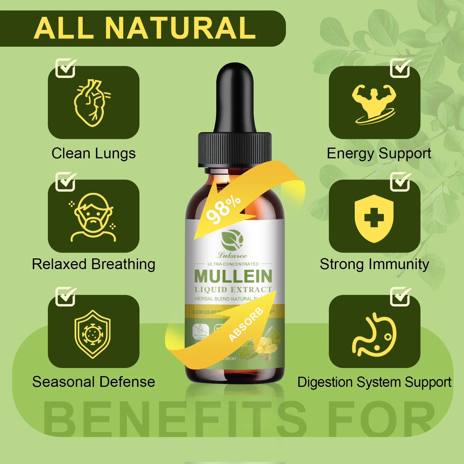 Lukaree Mullein Extract Drop 98% MAXIMIZE ABSORPTION Clean Lungs Relaxed Breathing Strong Immunity Digestion System Support