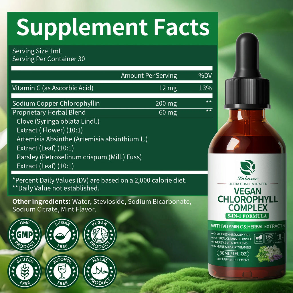 Lukaree 30MLChlorophyll Liquid Drops Supports Natural Cleansing & Immune, Internal Deodorant,Skin & Gut Health,Vegan,Sugar-Free